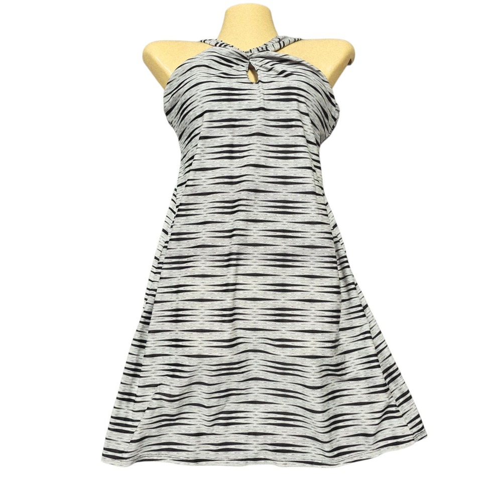 ATHLETA Dress XS Halter Top Gray Black Striped Sleeveless Casual Mini Swim Dress